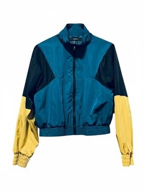 Forever 21 Colorblock Cropped Windbreaker Jacket Teal Black Yellow Small